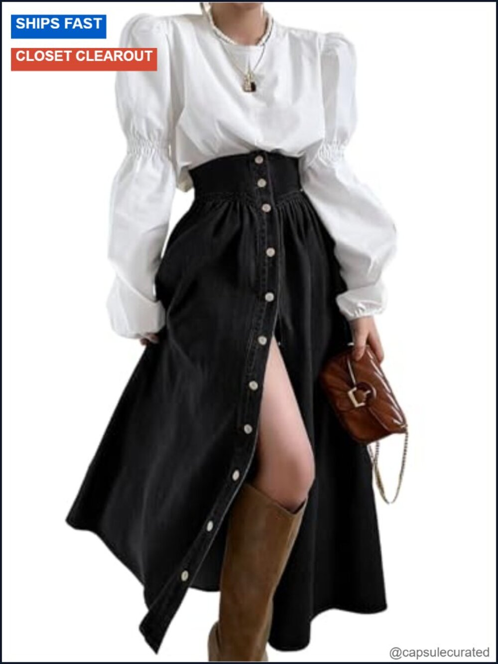 High Waist Long Denim Maxi Skirt Button Down A-Line with Pockets
